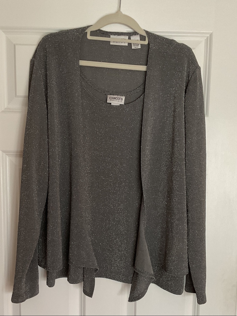 Chico's Travelers Silver Shimmer Open-Front Cardigan Set